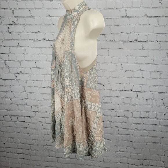 Intimately Free People Blue Tan Paisley Lightweight High Neck Mini Dress XS - Picture 10 of 12